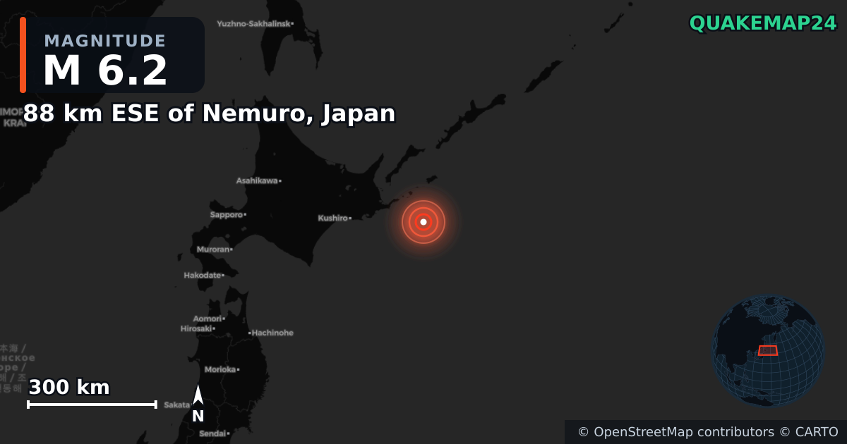 M6.2 earthquake near 88 km ESE of Nemuro, Japan on Jun 21, 2025 — map of epicenter and shaking intensity | QuakeMap24