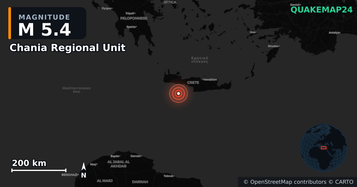 Erdbeben M5,4 bei Chania Regional Unit, Region of Crete (Griechenland) · 2026-06-20 — Karte der Lage des Epizentrums