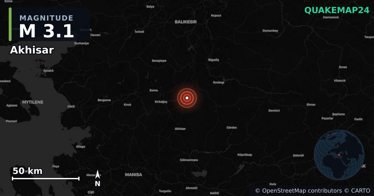 M3.1 earthquake near Akhisar on Oct 30, 2025 — map of epicenter and shaking intensity | QuakeMap24