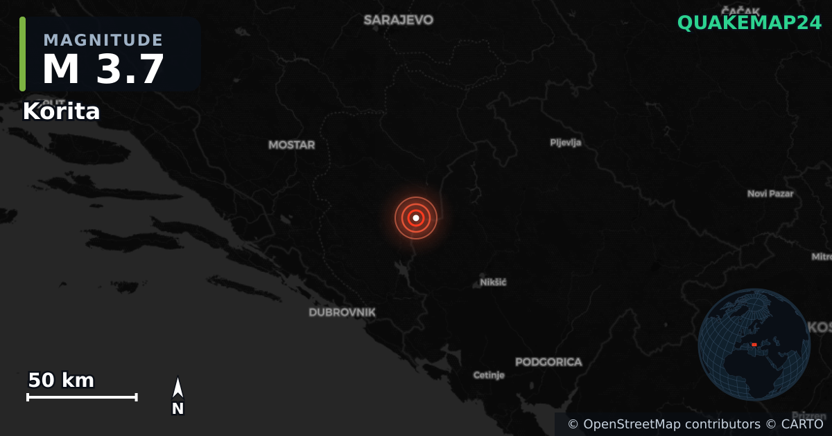M3.7 earthquake near Korita on Apr 16, 2026 — map of epicenter and shaking intensity | QuakeMap24