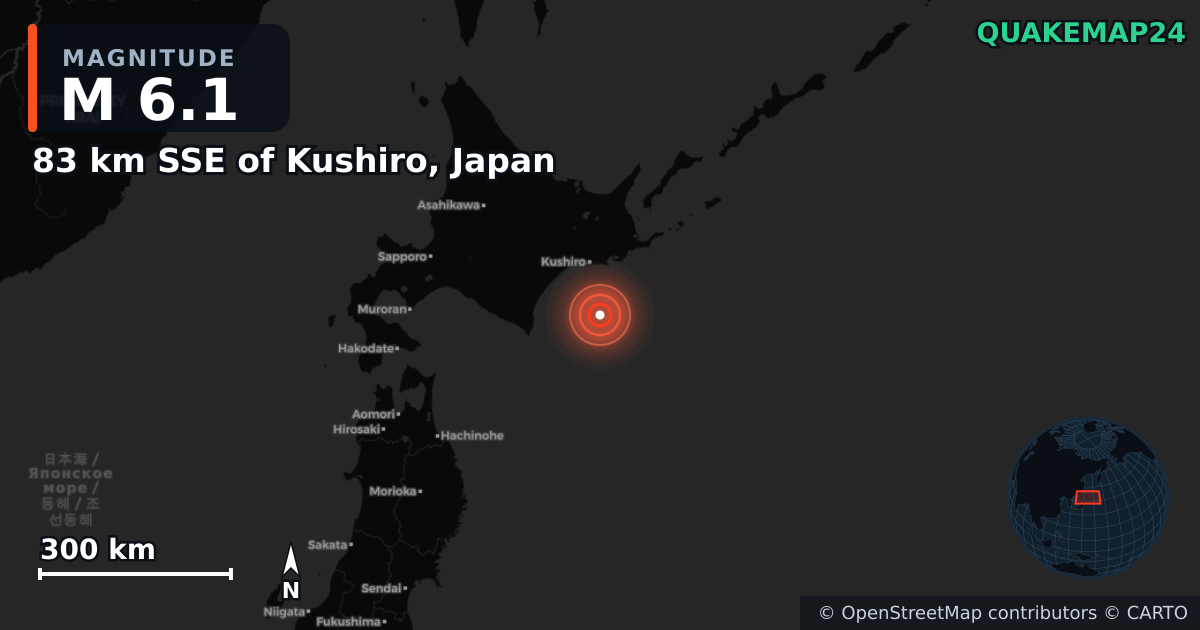 M6.1 earthquake near 83 km SSE of Kushiro, Japan on May 31, 2025 — map of epicenter and shaking intensity | QuakeMap24