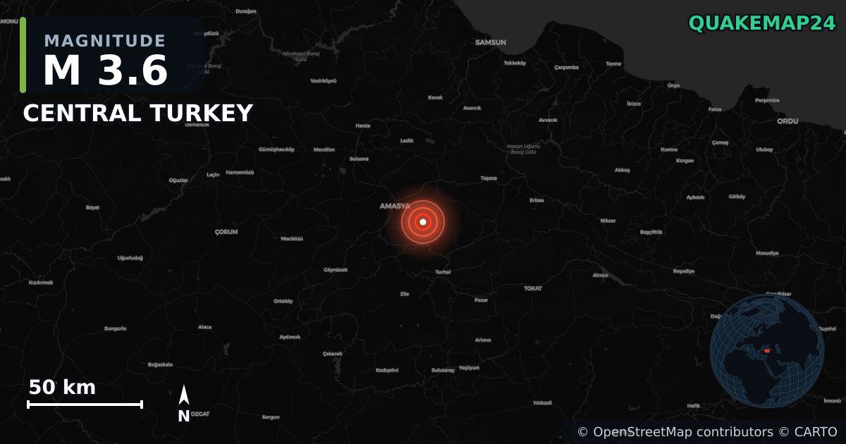 M3.6 earthquake near CENTRAL TURKEY on Apr 24, 2025 — map of epicenter and shaking intensity | QuakeMap24