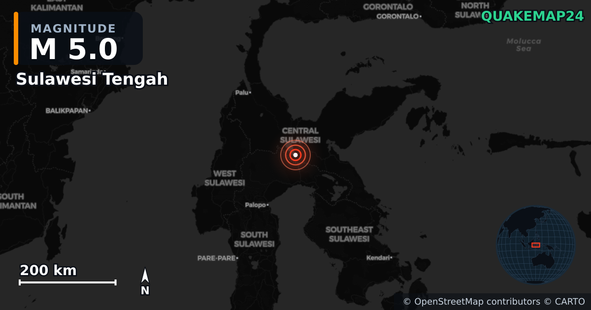 M5.0 earthquake near Sulawesi Tengah on Jul 14, 2025 — map of epicenter and shaking intensity | QuakeMap24