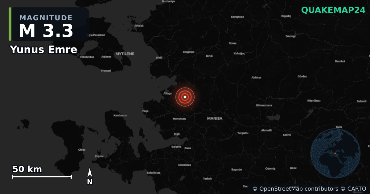 Sismo de M3,3 perto de Yunus Emre, Manisa (Turquia) · 2026-06-24 — Mapa da localização do epicentro