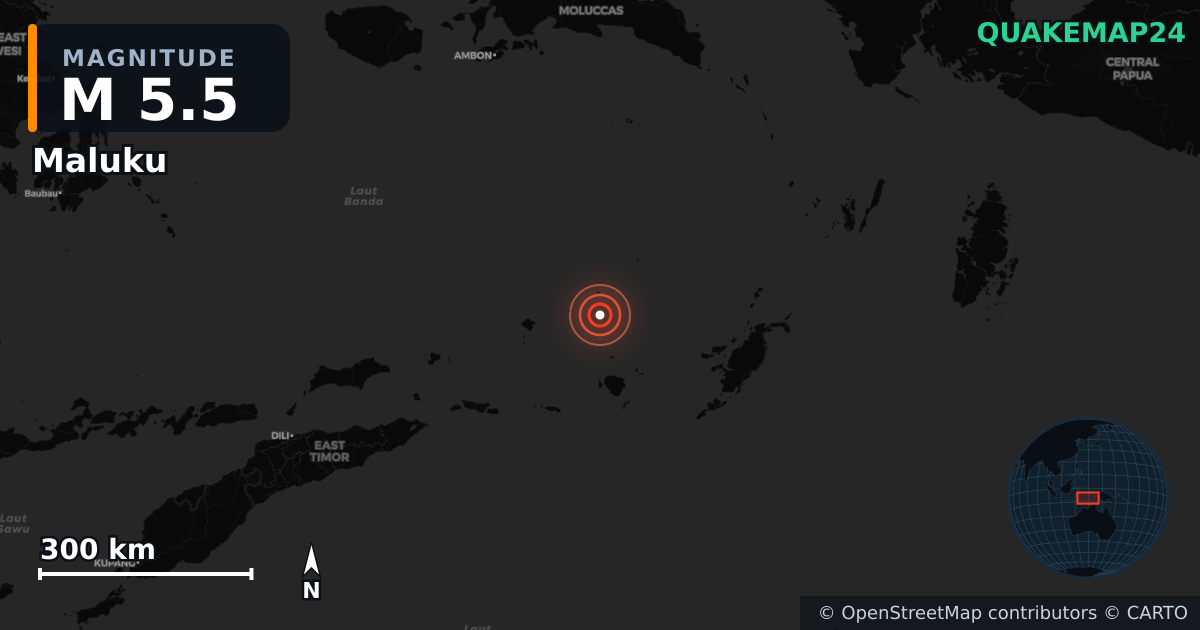 M5.5 earthquake near Maluku on Oct 10, 2025 — map of epicenter and shaking intensity | QuakeMap24