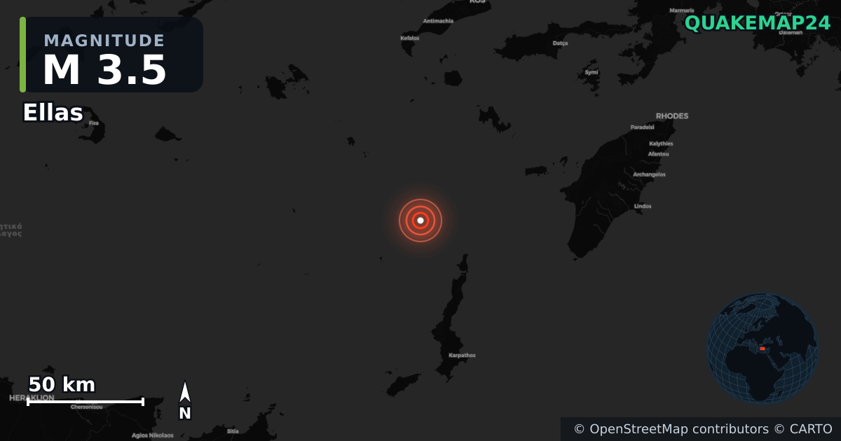 M3.5 earthquake near Ellas on Aug 21, 2025 — map of epicenter and shaking intensity | QuakeMap24