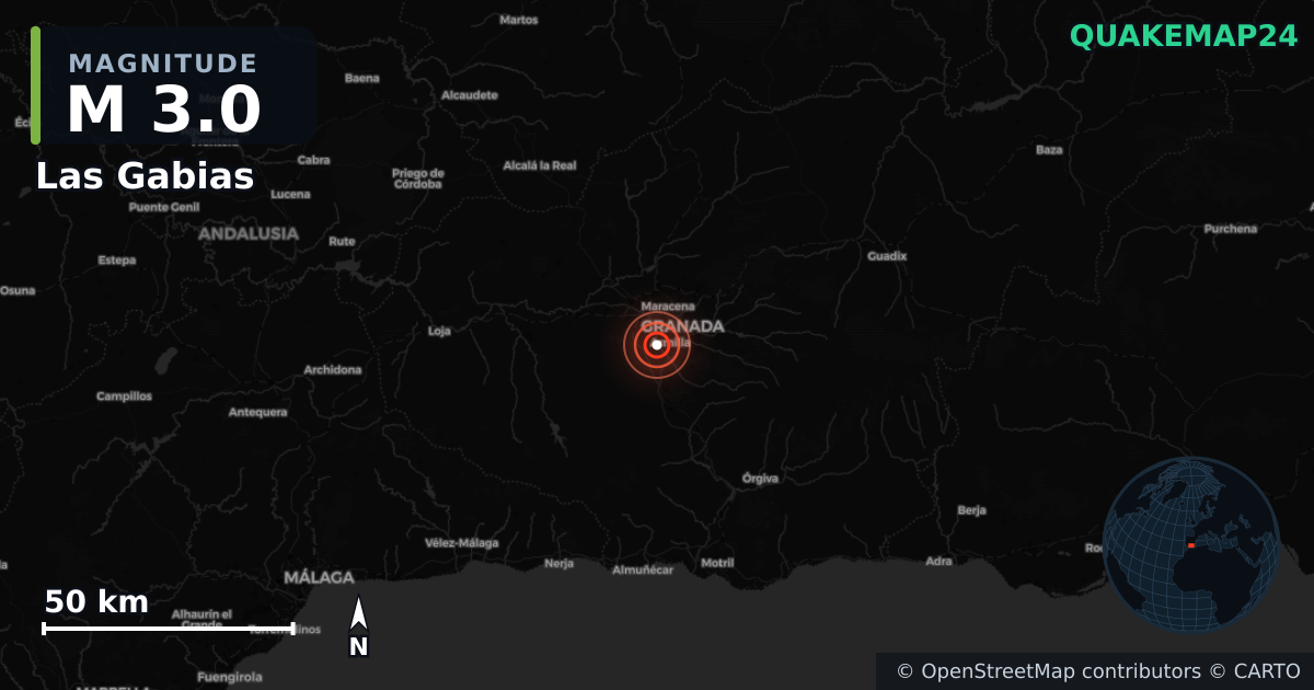 M3.0 earthquake near Las Gabias on Aug 19, 2026 — map of epicenter and shaking intensity | QuakeMap24