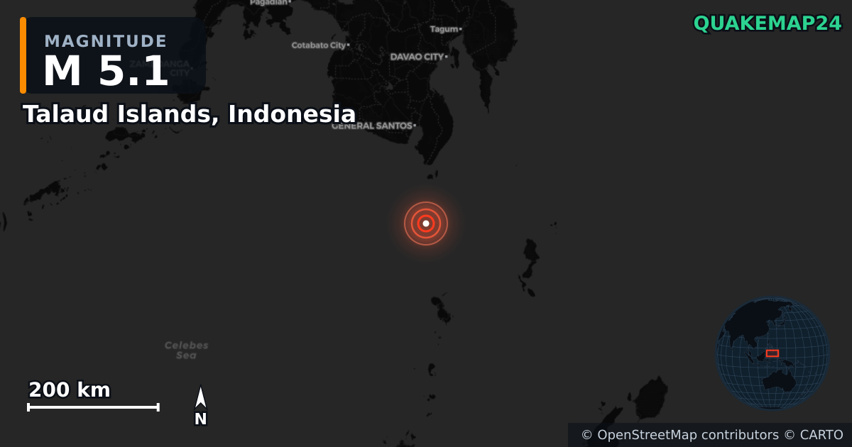 M5.1 earthquake near Talaud Islands, Indonesia on Jun 8, 2026 — map of epicenter and shaking intensity | QuakeMap24