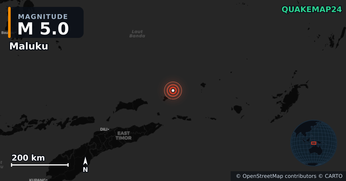 M5.0 earthquake near Maluku on Jul 16, 2025 — map of epicenter and shaking intensity | QuakeMap24