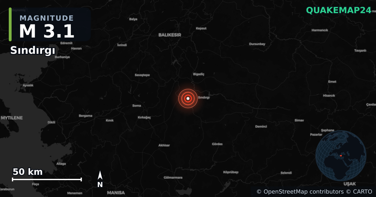 M3.1 earthquake near Sındırgı on Nov 15, 2025 — map of epicenter and shaking intensity | QuakeMap24