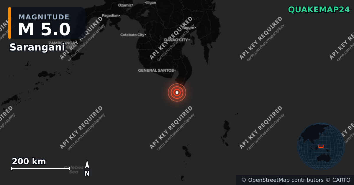 M5.0 earthquake near Sarangani on Jun 10, 2026 — map of epicenter and shaking intensity | QuakeMap24