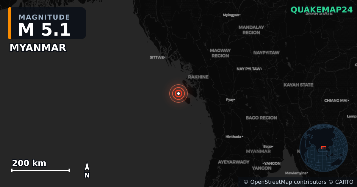 M5.1 earthquake near MYANMAR on May 18, 2025 — map of epicenter and shaking intensity | QuakeMap24