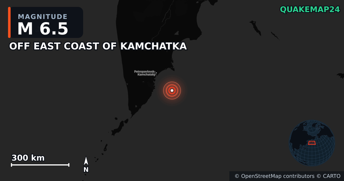 M6.5 earthquake near OFF EAST COAST OF KAMCHATKA on Jul 30, 2025 — map of epicenter and shaking intensity | QuakeMap24