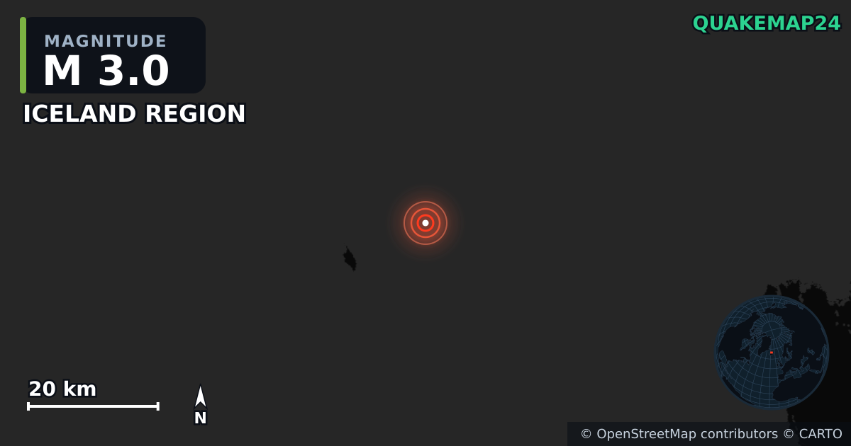 M3.0 earthquake near ICELAND REGION on May 13, 2025 — map of epicenter and shaking intensity | QuakeMap24