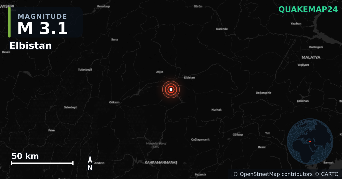 M3.1 earthquake near Elbistan on Nov 12, 2025 — map of epicenter and shaking intensity | QuakeMap24