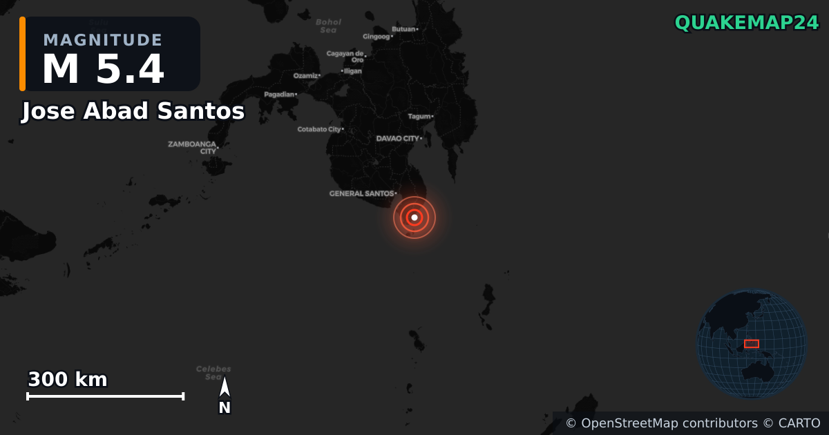 M5.4 earthquake near Jose Abad Santos on Jul 17, 2026 — map of epicenter and shaking intensity | QuakeMap24