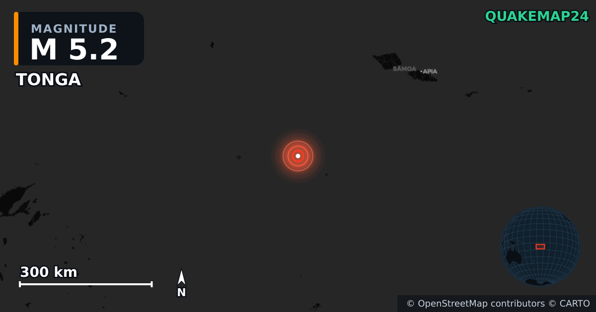M5.2 earthquake near TONGA on Jul 10, 2025 — map of epicenter and shaking intensity | QuakeMap24