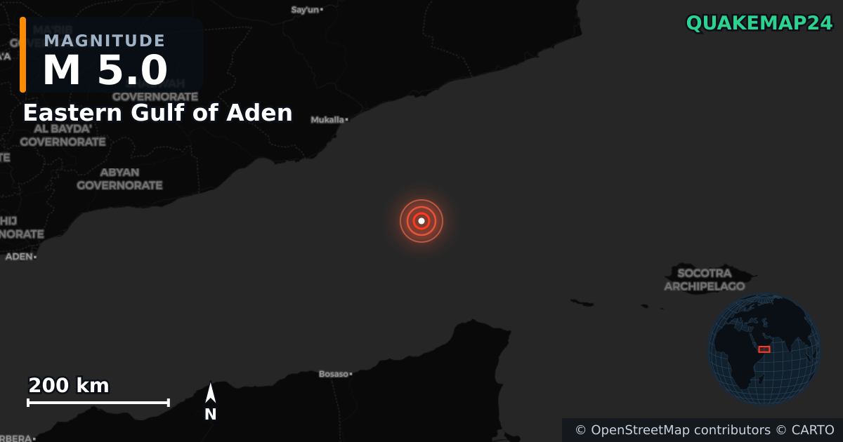 M5.0 Earthquake near Eastern Gulf of Aden · 2025-11-12 — Map showing the location of the epicenter