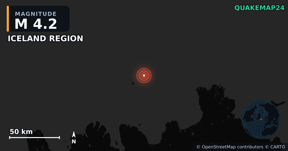 M4.2 earthquake near ICELAND REGION on May 14, 2025 — map of epicenter and shaking intensity | QuakeMap24