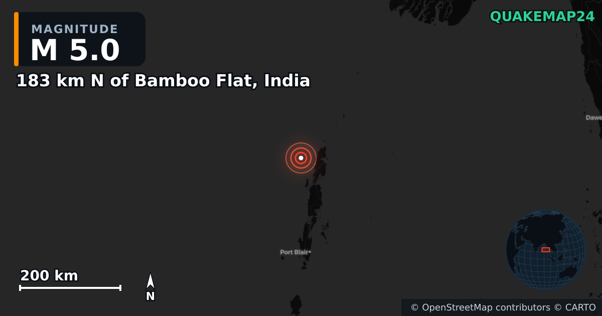 M5.0 earthquake near 183 km N of Bamboo Flat, India on Oct 16, 2025 — map of epicenter and shaking intensity | QuakeMap24