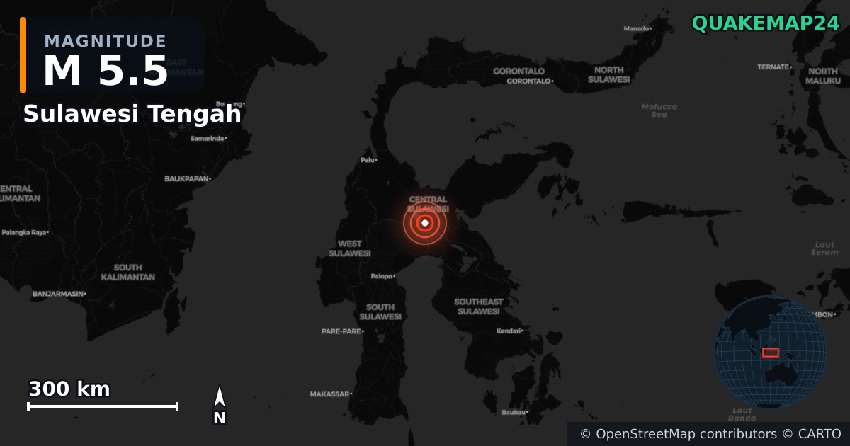M5.5 earthquake near Sulawesi Tengah on Jul 24, 2025 — map of epicenter and shaking intensity | QuakeMap24