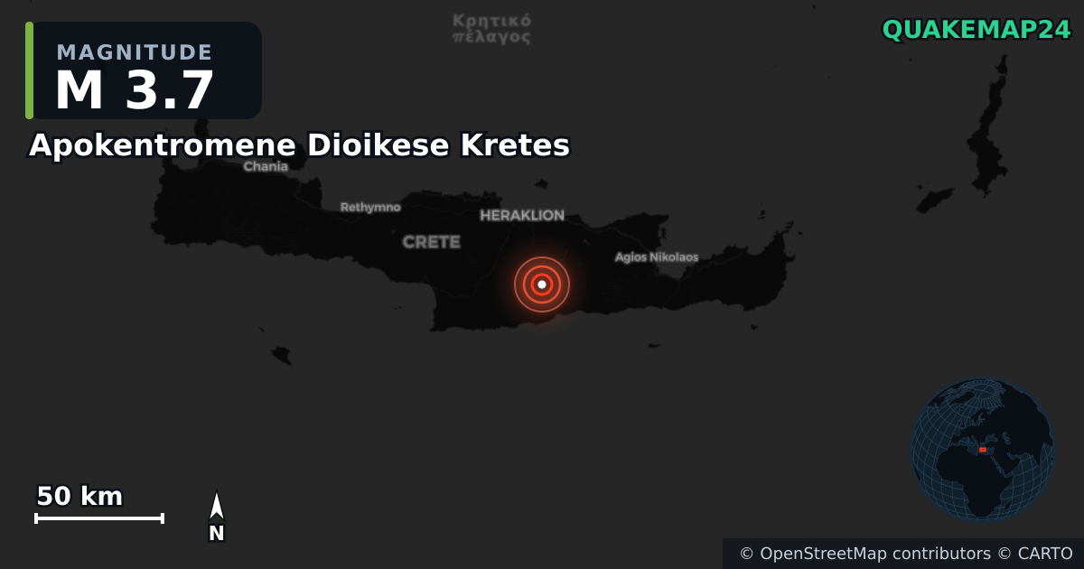 M3.7 earthquake near Apokentromene Dioikese Kretes on Jun 1, 2025 — map of epicenter and shaking intensity | QuakeMap24