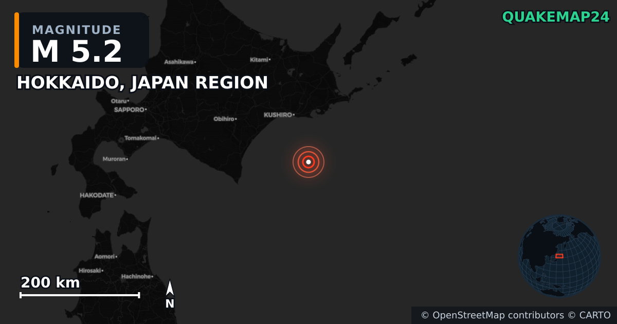 M5.2 earthquake near HOKKAIDO, JAPAN REGION on Jun 23, 2025 — map of epicenter and shaking intensity | QuakeMap24