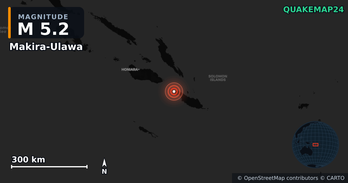 M5.2 earthquake near Makira-Ulawa on Oct 23, 2025 — map of epicenter and shaking intensity | QuakeMap24