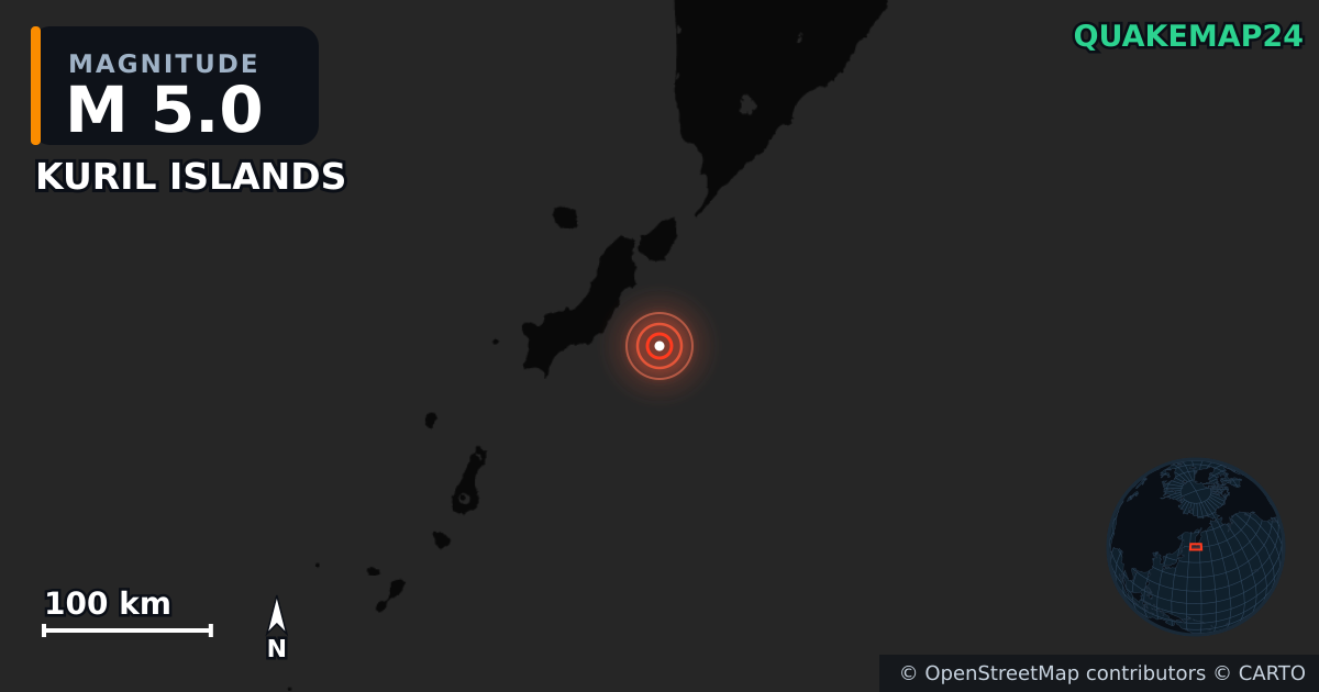 M5.0 earthquake near KURIL ISLANDS on Jul 31, 2025 — map of epicenter and shaking intensity | QuakeMap24