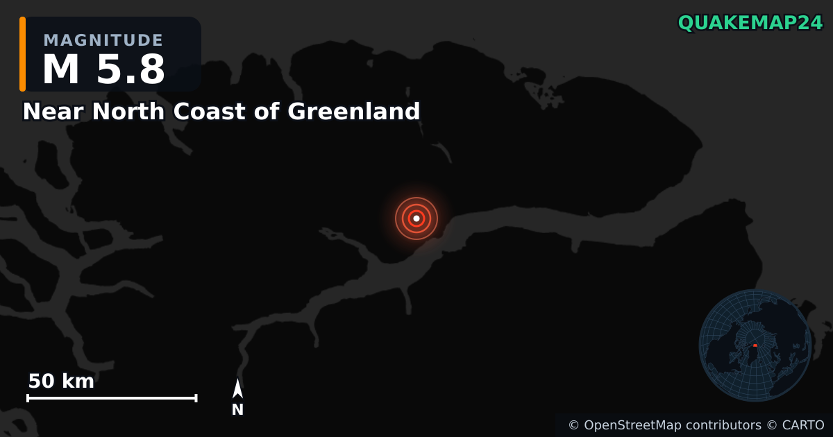 Erdbeben M5,8 bei Near North Coast of Greenland (Grönland) · 2025-07-15 — Karte der Lage des Epizentrums