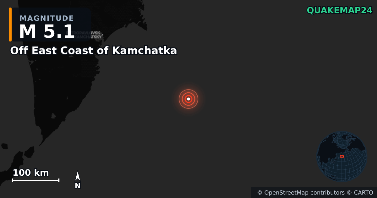 M5.1 earthquake near Off East Coast of Kamchatka on Aug 7, 2025 — map of epicenter and shaking intensity | QuakeMap24