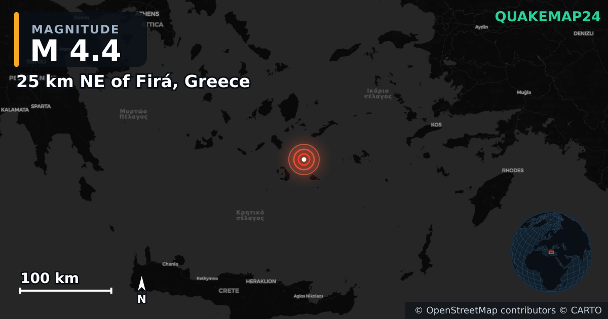 M4.4 earthquake near 25 km NE of Firá, Greece on Feb 4, 2025 — map of epicenter and shaking intensity | QuakeMap24