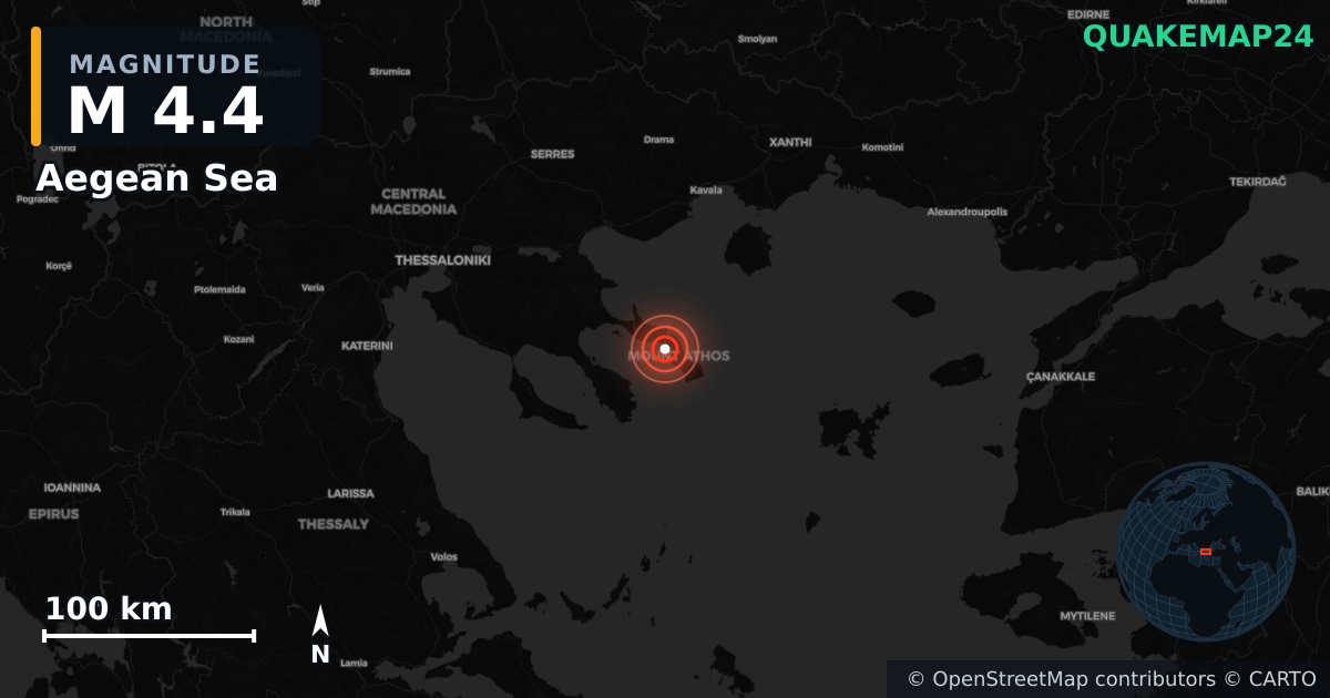 M4.4 earthquake near Aegean Sea on Nov 13, 2025 — map of epicenter and shaking intensity | QuakeMap24