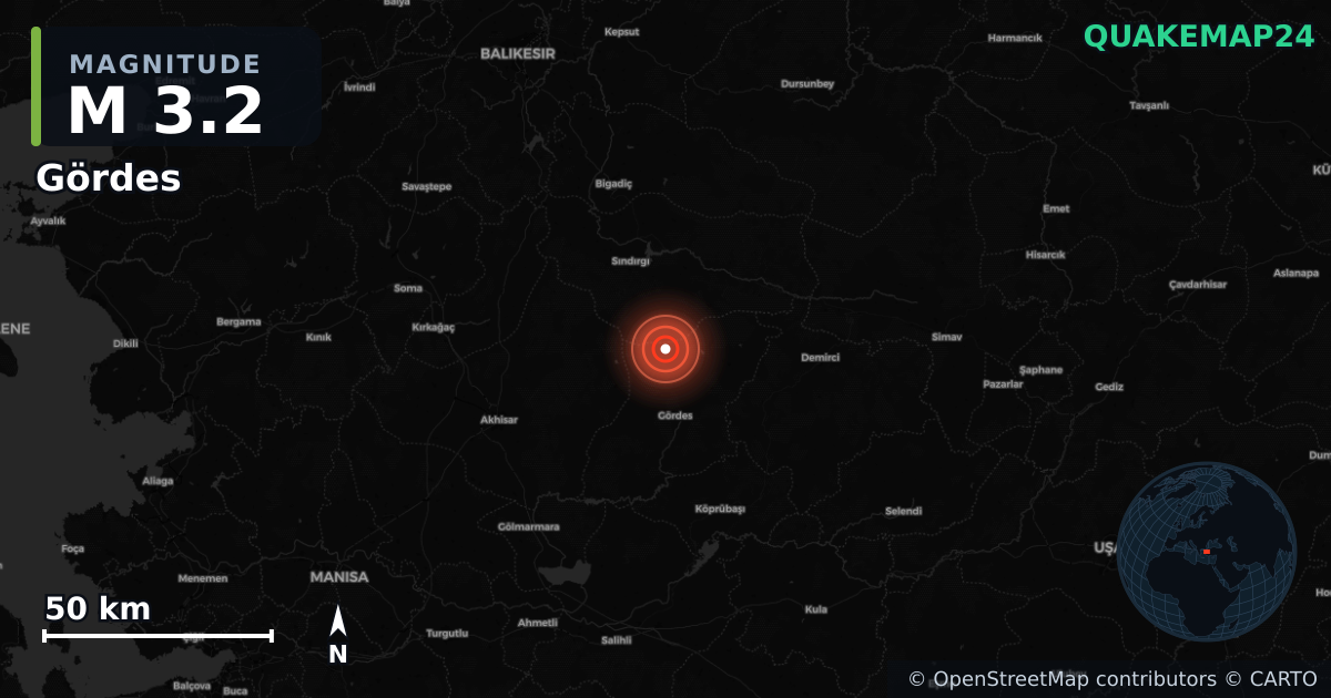 M3.2 earthquake near Gördes on Nov 20, 2025 — map of epicenter and shaking intensity | QuakeMap24