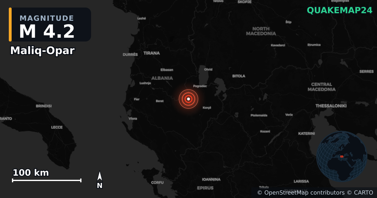 Sismo de M4,2 perto de Maliq-Opar (Albânia) · 2026-09-12 — Mapa da localização do epicentro