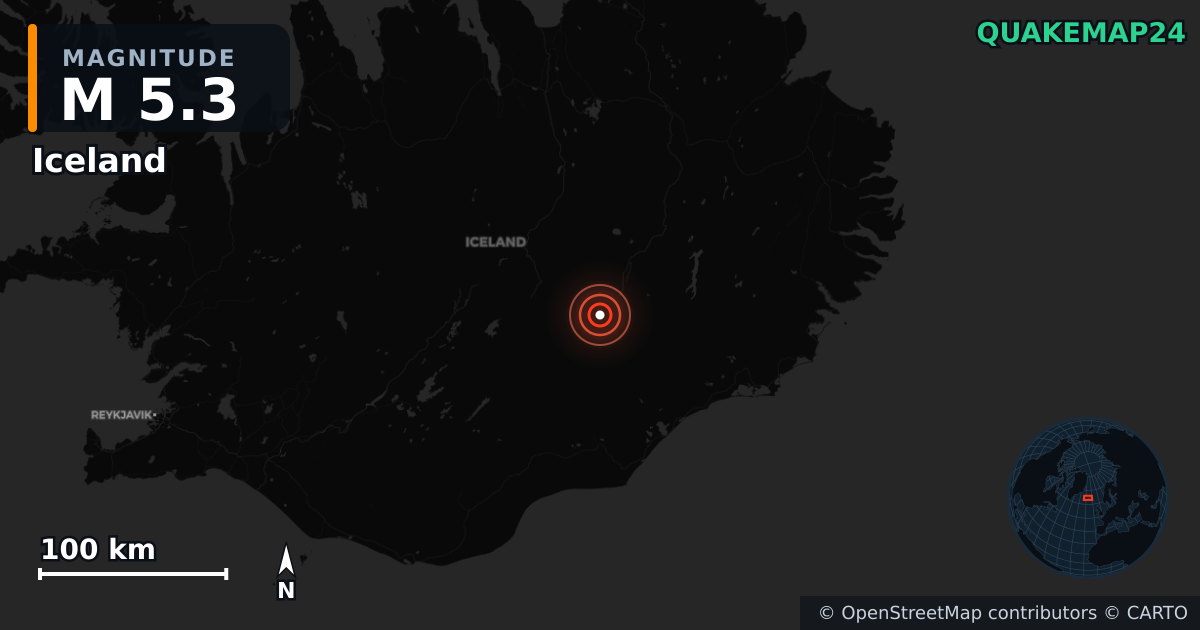 M5.3 earthquake near Iceland on Oct 29, 2025 — map of epicenter and shaking intensity | QuakeMap24