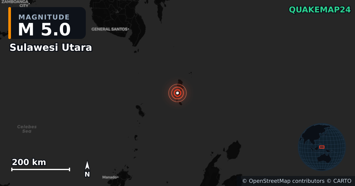 M5.0 earthquake near Sulawesi Utara on Nov 27, 2025 — map of epicenter and shaking intensity | QuakeMap24