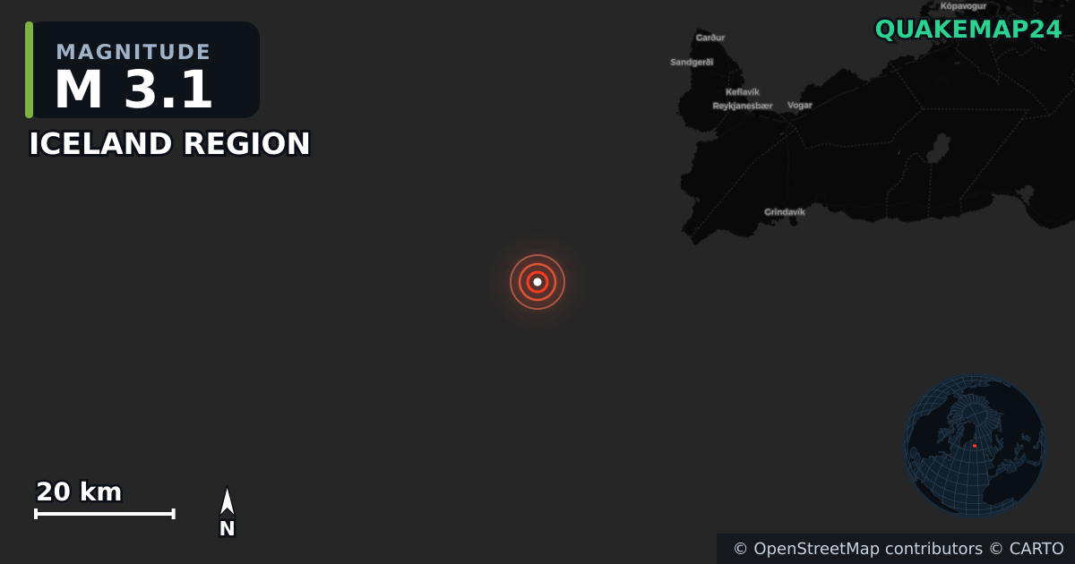 M3.1 earthquake near ICELAND REGION on May 24, 2025 — map of epicenter and shaking intensity | QuakeMap24