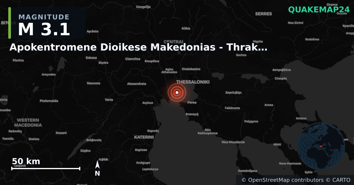 M3.1 earthquake near Apokentromene Dioikese Makedonias - Thrakes on Nov 2, 2025 — map of epicenter and shaking intensity | QuakeMap24