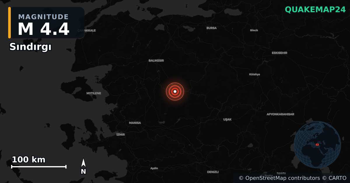 M4.4 earthquake near Sındırgı on Nov 10, 2025 — map of epicenter and shaking intensity | QuakeMap24