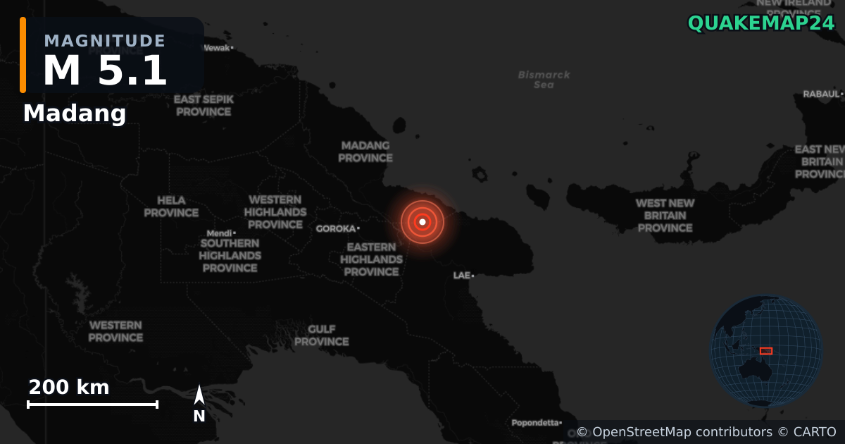 M5.1 earthquake near Madang on Jun 13, 2025 — map of epicenter and shaking intensity | QuakeMap24