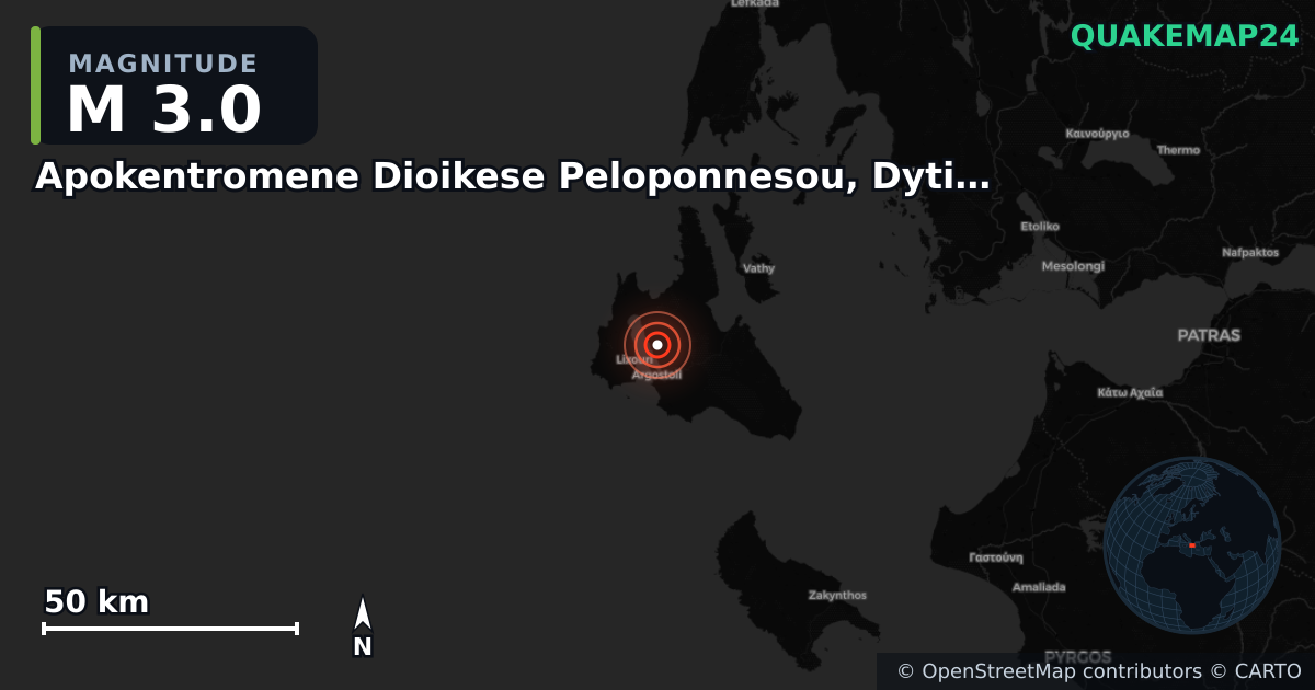 M3.0 earthquake near Apokentromene Dioikese Peloponnesou, Dytikes Elladas kai Ioniou on Jul 18, 2025 — map of epicenter and shaking intensity | QuakeMap24