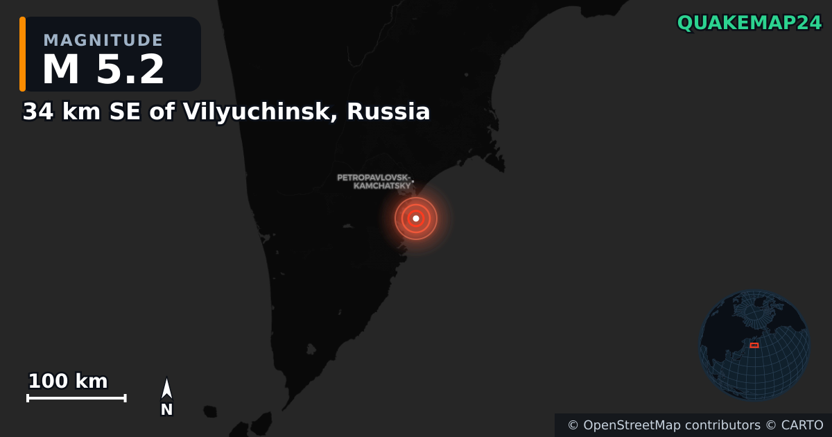 M5.2 earthquake near 34 km SE of Vilyuchinsk, Russia on Apr 25, 2026 — map of epicenter and shaking intensity | QuakeMap24