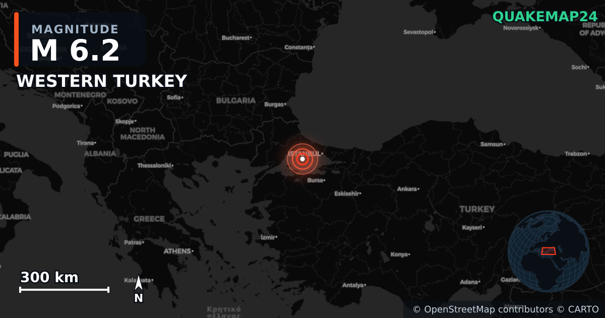 M6.2 earthquake near WESTERN TURKEY on Apr 23, 2025 — map of epicenter and shaking intensity | QuakeMap24