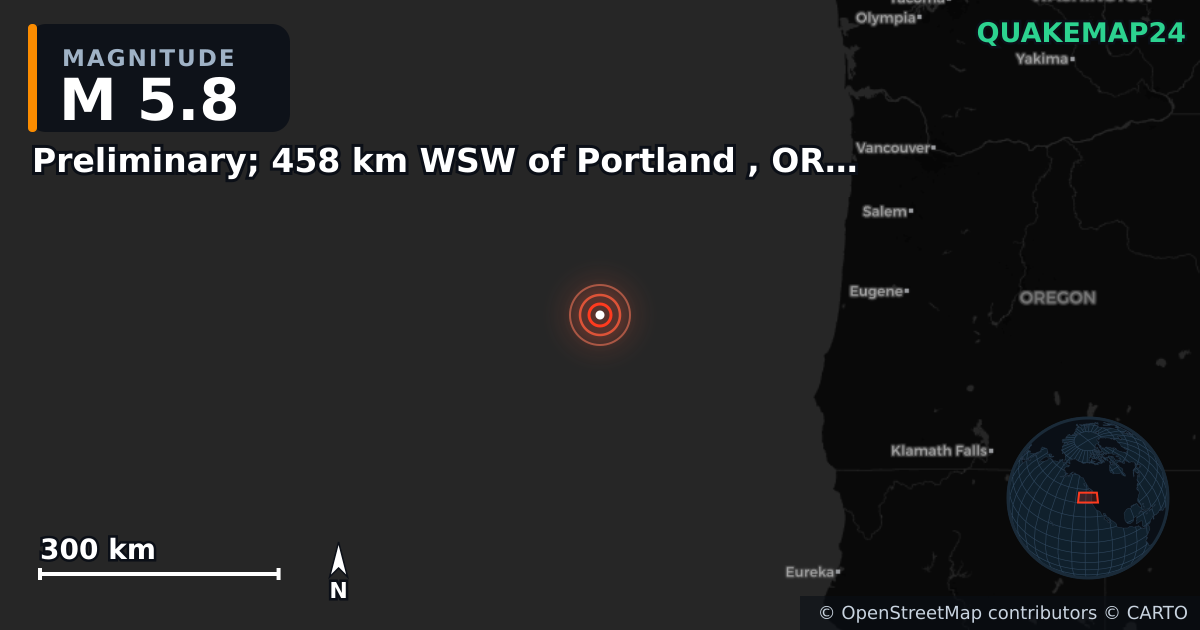 Erdbeben M5,8 bei Preliminary; 458 km WSW of Portland , OR/Preliminaire; 458 km OSO de Portland , OR · 2026-01-16 — Karte der Lage des Epizentrums