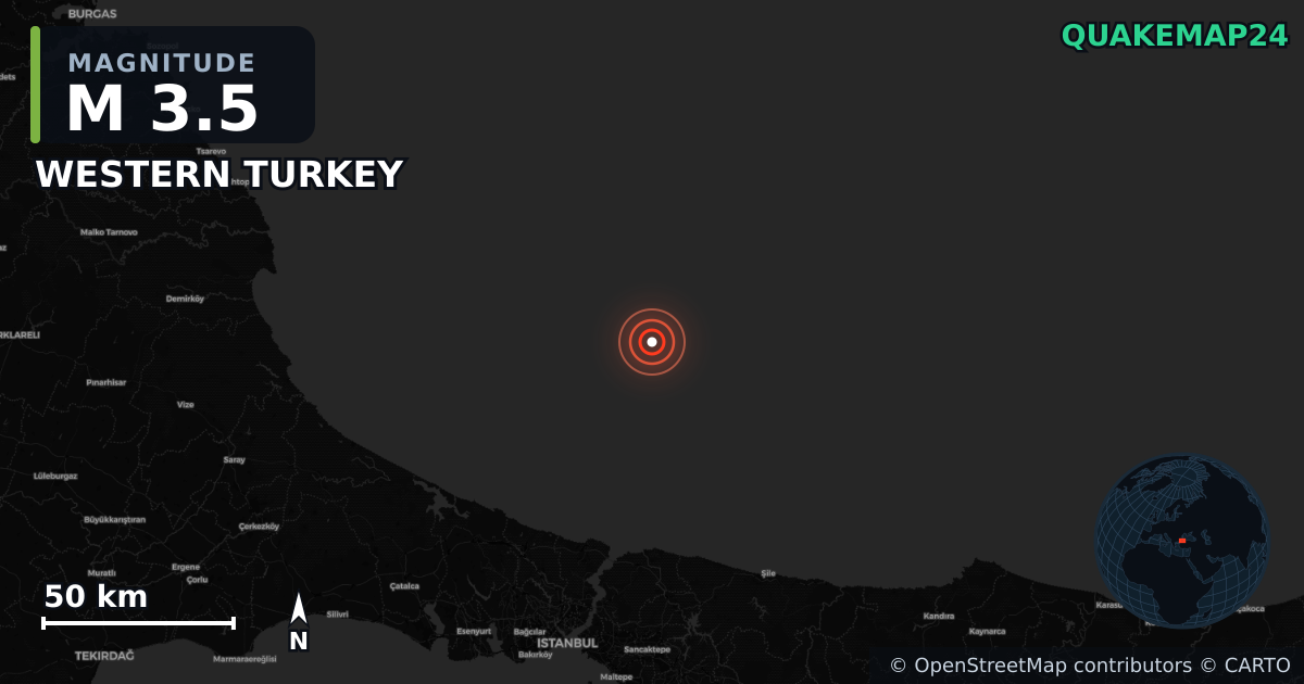 M3.5 earthquake near WESTERN TURKEY on Jun 16, 2026 — map of epicenter and shaking intensity | QuakeMap24