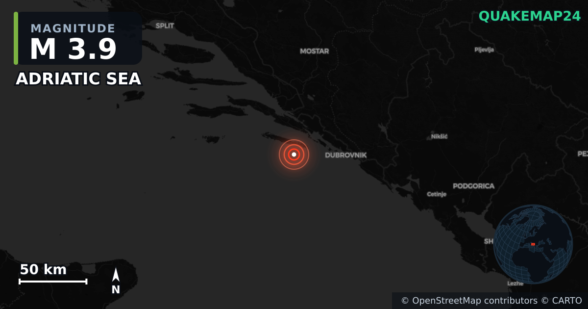 M3.9 earthquake near ADRIATIC SEA on Dec 17, 2025 — map of epicenter and shaking intensity | QuakeMap24