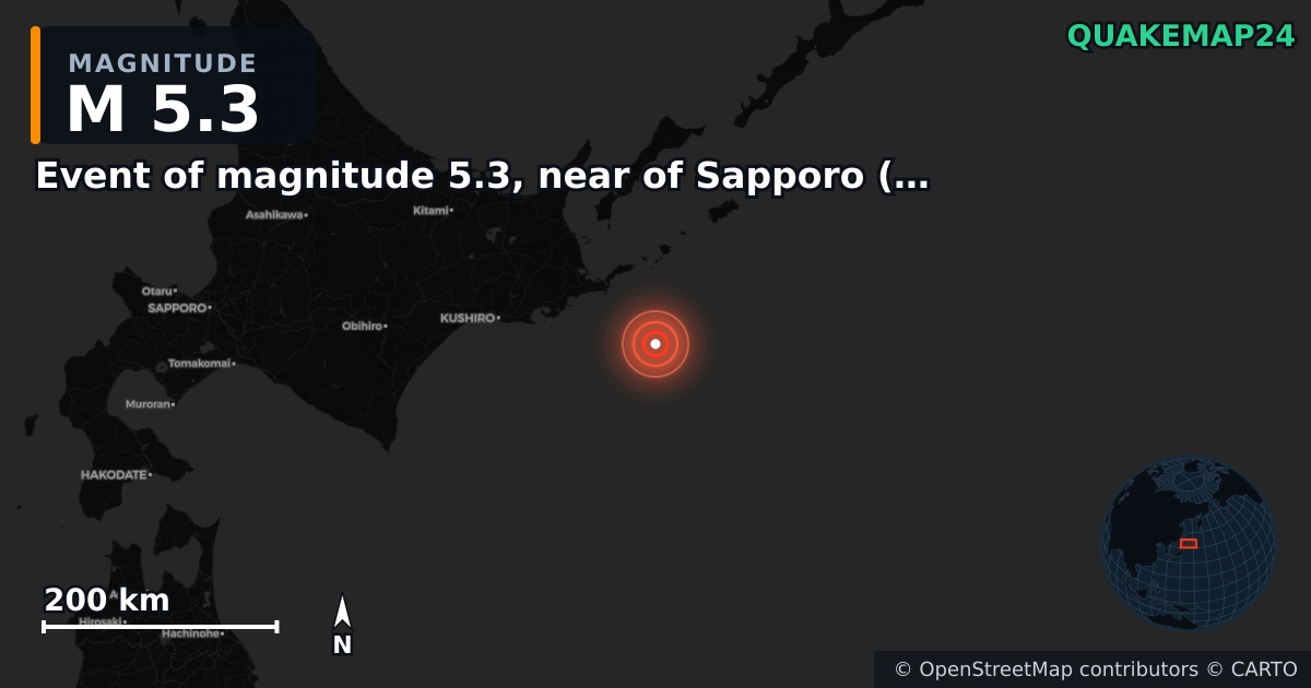 M5.3 earthquake near Event of magnitude 5.3, near of Sapporo (Monde) on Dec 20, 2025 — map of epicenter and shaking intensity | QuakeMap24