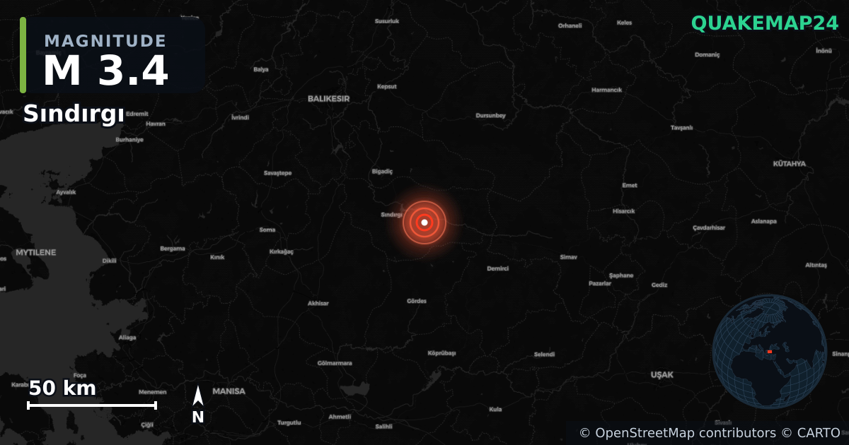 M3.4 earthquake near Sındırgı on Nov 3, 2025 — map of epicenter and shaking intensity | QuakeMap24
