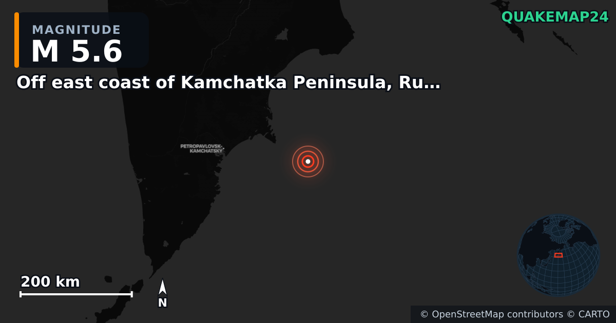 M5.6 earthquake near Off east coast of Kamchatka Peninsula, Russia [Sea: Russia] on Jan 10, 2026 — map of epicenter and shaking intensity | QuakeMap24